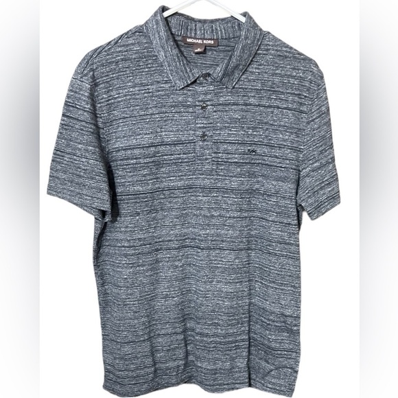 MICHAEL KORS MENS Striped Polo Shirt Size Medium Charcoal Heather Grey Collar - Picture 1 of 16